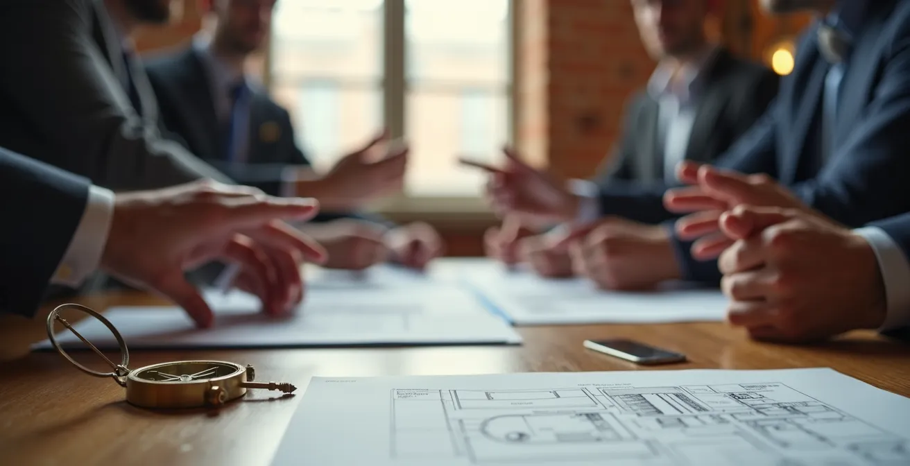 Réunion professionnelle entre notaire et copropriétaires autour d'une table en bois