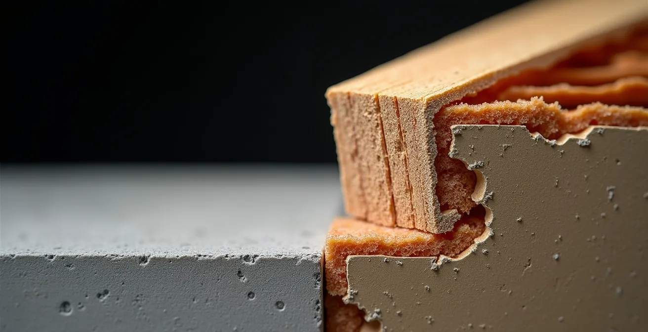 Vue en coupe d'un mur mitoyen montrant la différence d'isolation acoustique entre béton et bois
