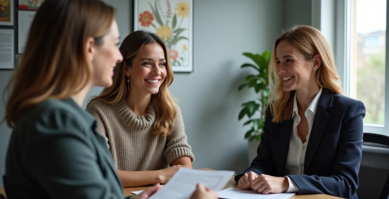 Couple en consultation avec un notaire dans un bureau lumineux et moderne, ambiance professionnelle et rassurante