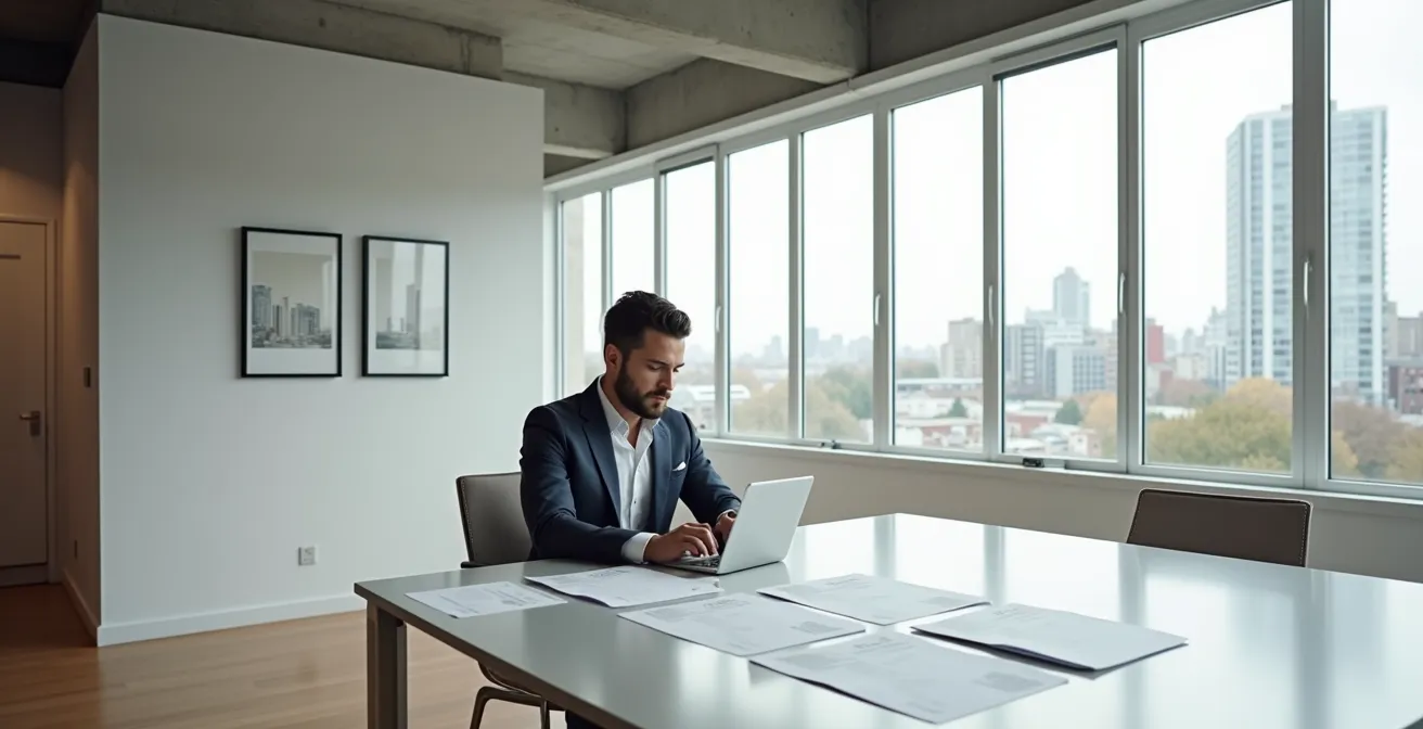 Courtier hypothécaire consultant plusieurs offres sur tablette dans un bureau moderne québécois