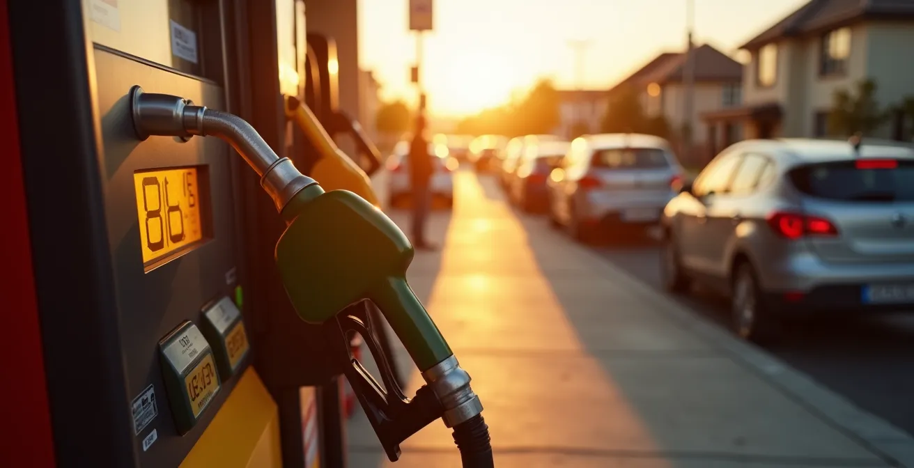 Station-service avec voitures en file et maison de banlieue en arrière-plan