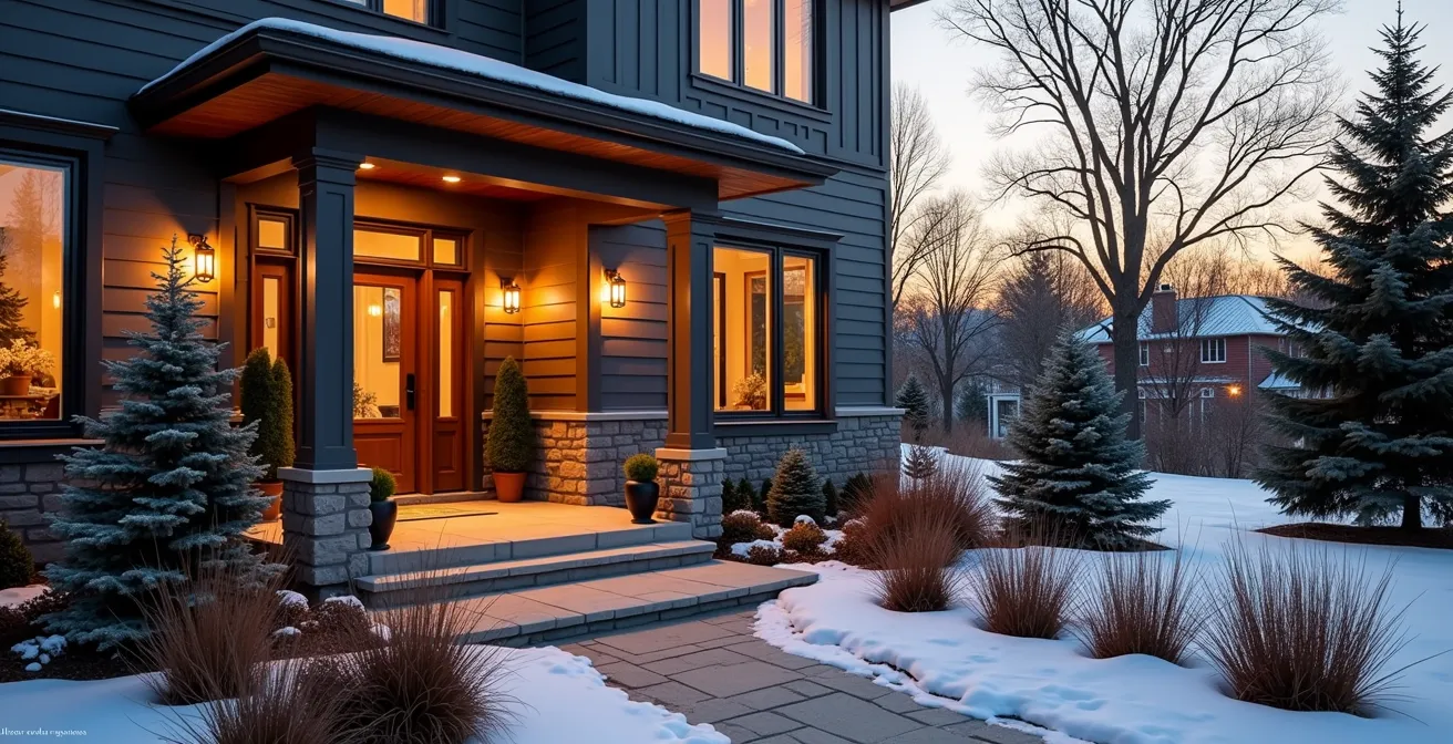 Façade de maison québécoise avec aménagement paysager soigné en toutes saisons