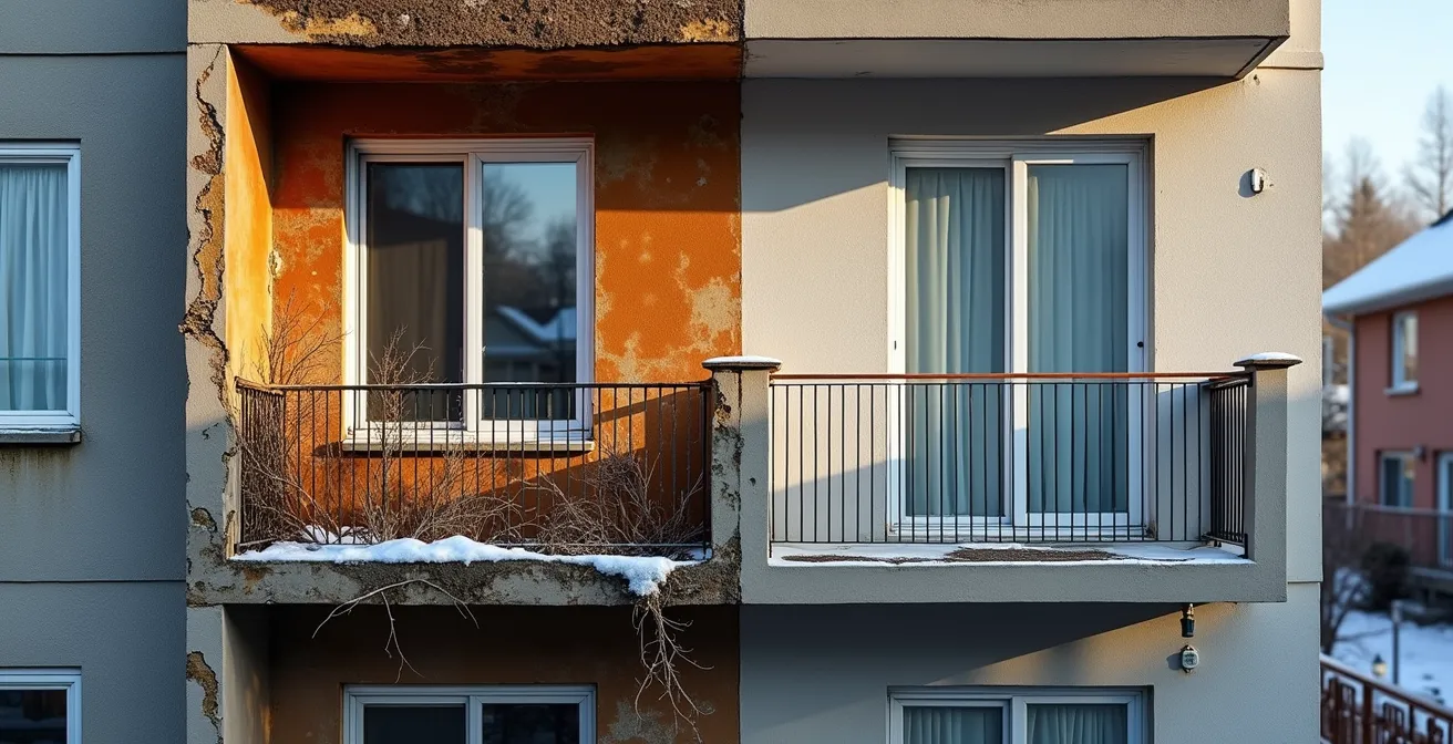 Comparaison visuelle entre un balcon entretenu et un balcon négligé sur un immeuble de condos