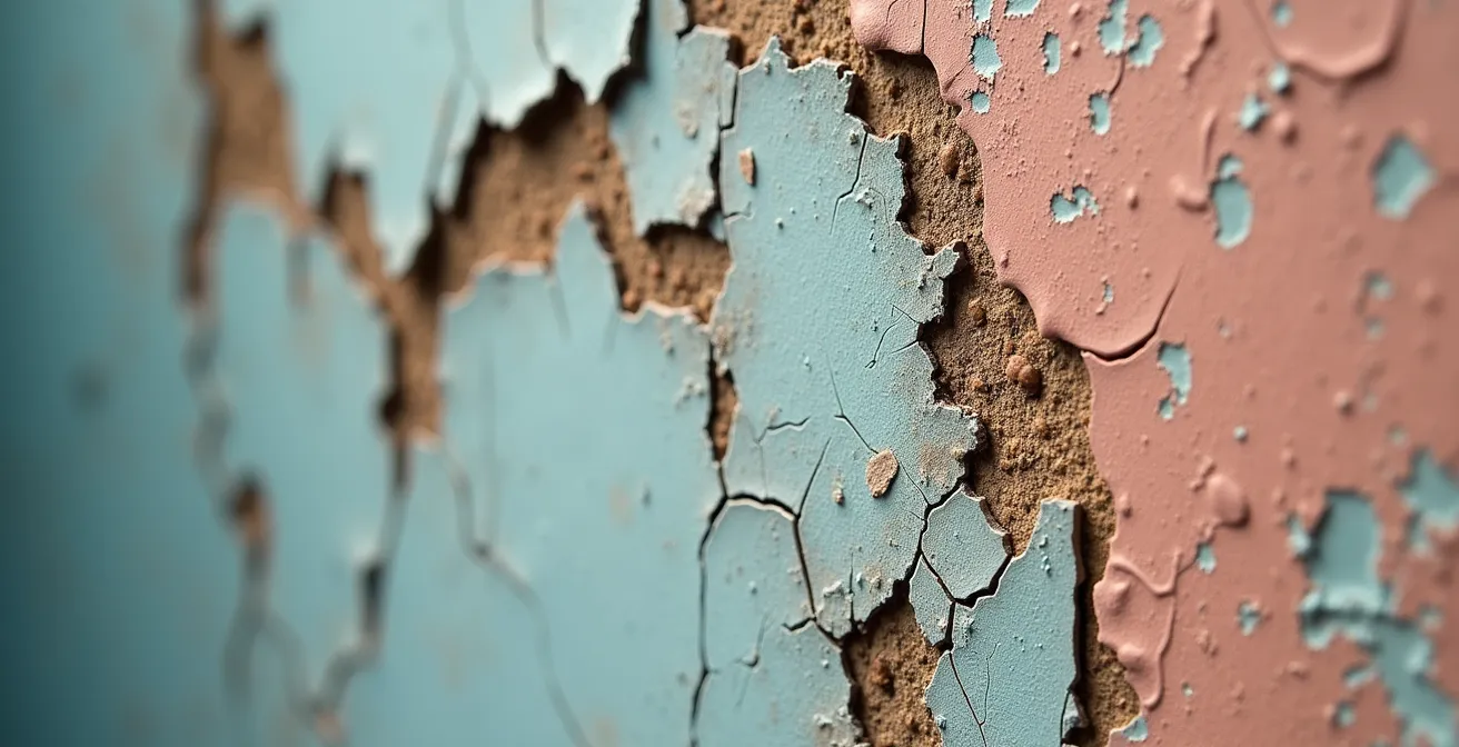 Gros plan sur un coin de mur intérieur montrant différentes couches de peinture écaillée et des fissures dans le plâtre