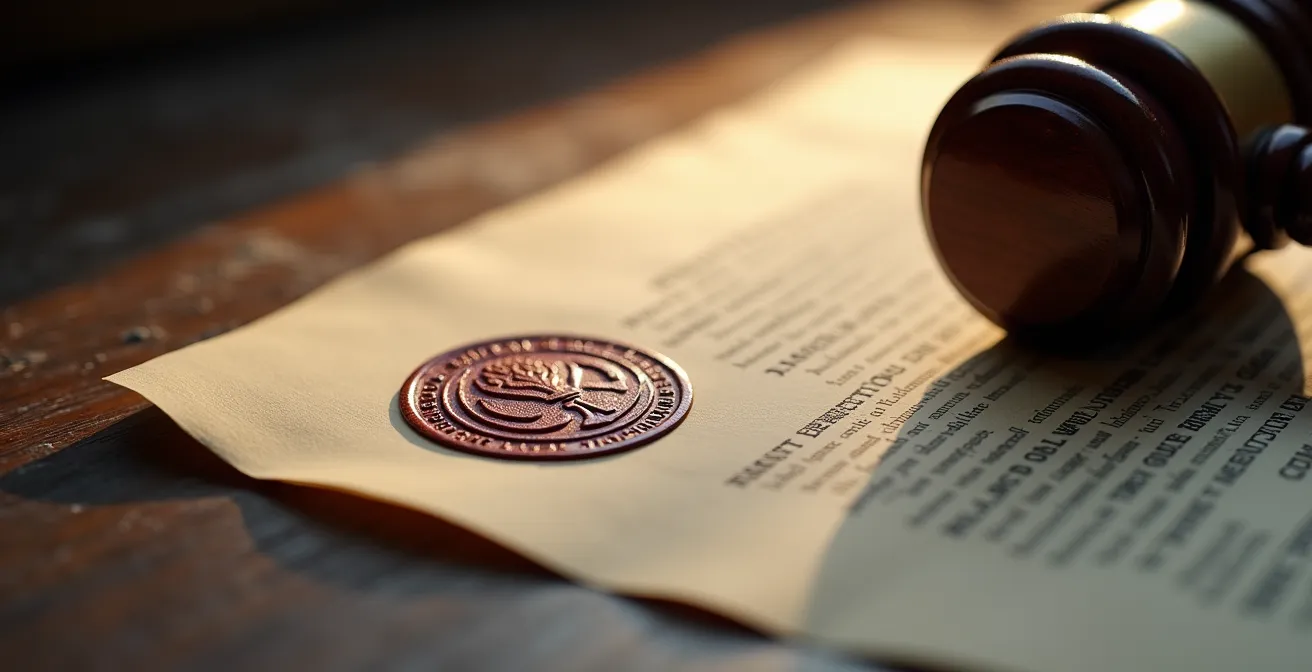 Gros plan sur des documents juridiques et un marteau de juge symbolisant le processus d'expulsion commerciale