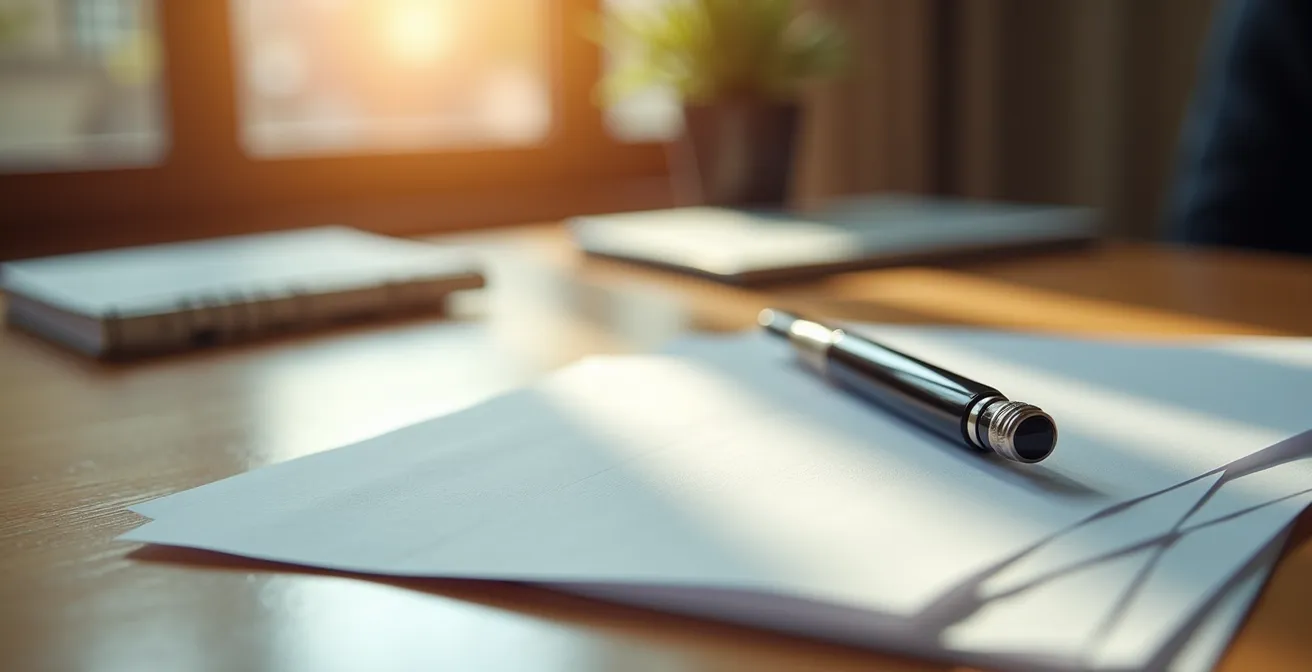 Gros plan sur une table de bureau avec des documents immobiliers étalés et organisés, sans texte visible