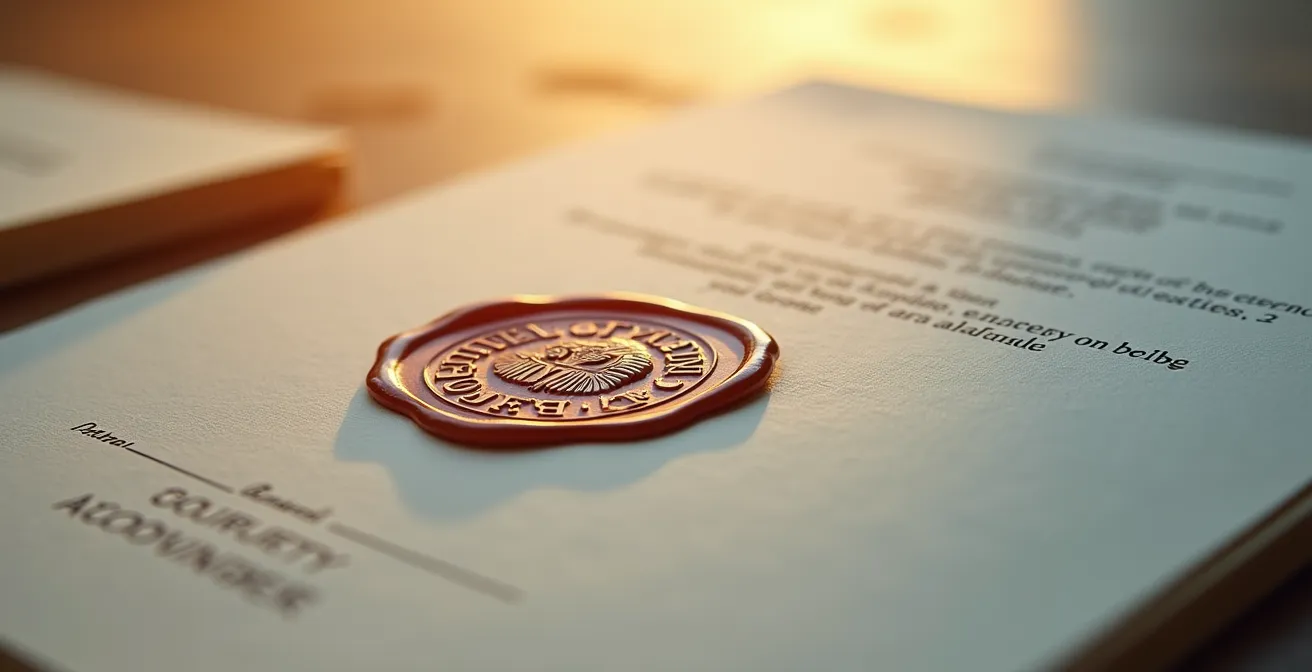 Documents officiels flous avec tampon et sceau en arrière-plan, symbolisant une vérification légale