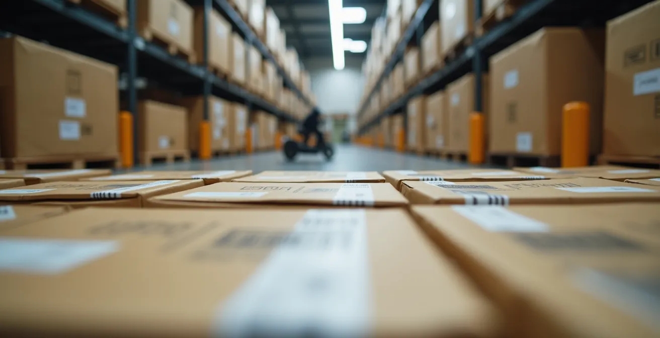 Intérieur d'un entrepôt moderne avec zones de tri et vélos cargo électriques stationnés