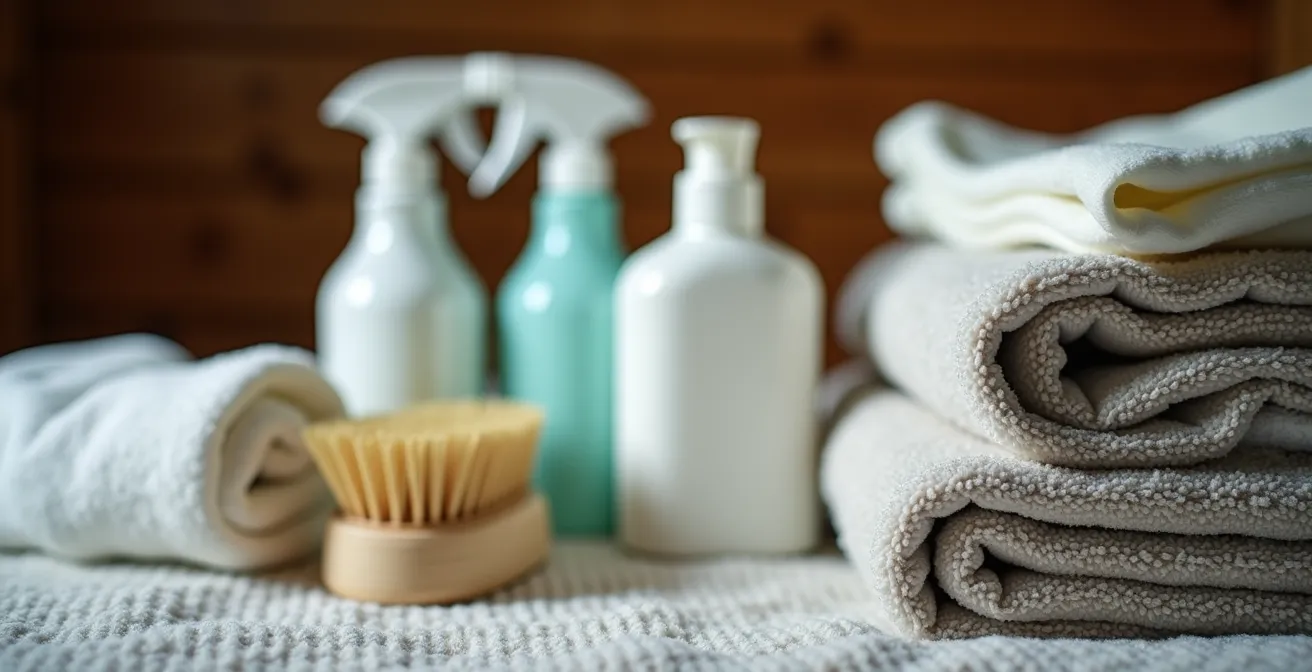 Équipe de ménage professionnelle préparant le matériel dans l'entrée d'un chalet québécois traditionnel