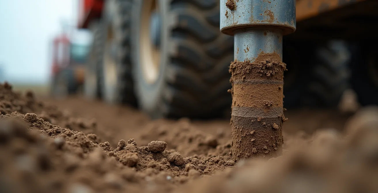 Technicien effectuant un prélèvement de sol sur un terrain commercial
