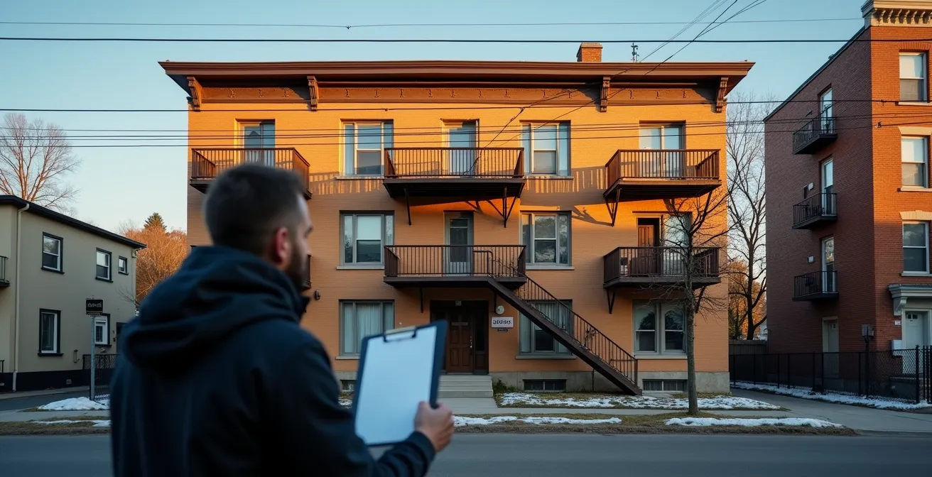 Évaluateur immobilier analysant la valeur d'un triplex avec documents et calculatrice