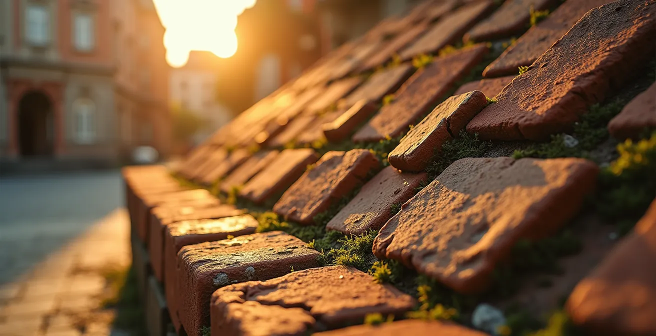 Représentation visuelle de l'évolution de valeur d'un immeuble sur 10 ans, symbolisée par la texture du temps sur une brique.