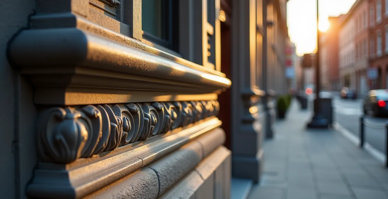 Gros plan sur une façade victorienne montréalaise avec détails architecturaux en restauration