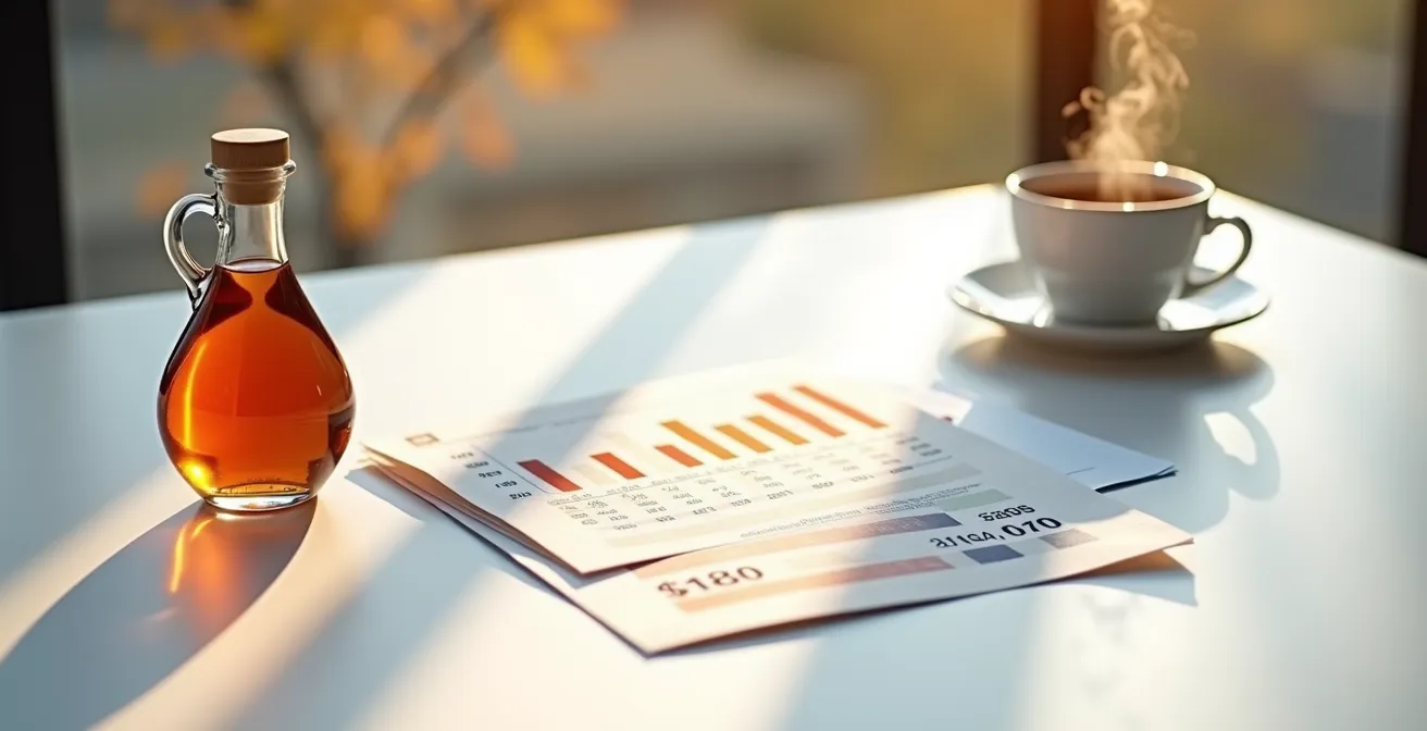 Espace de travail minimaliste avec documents administratifs et café québécois