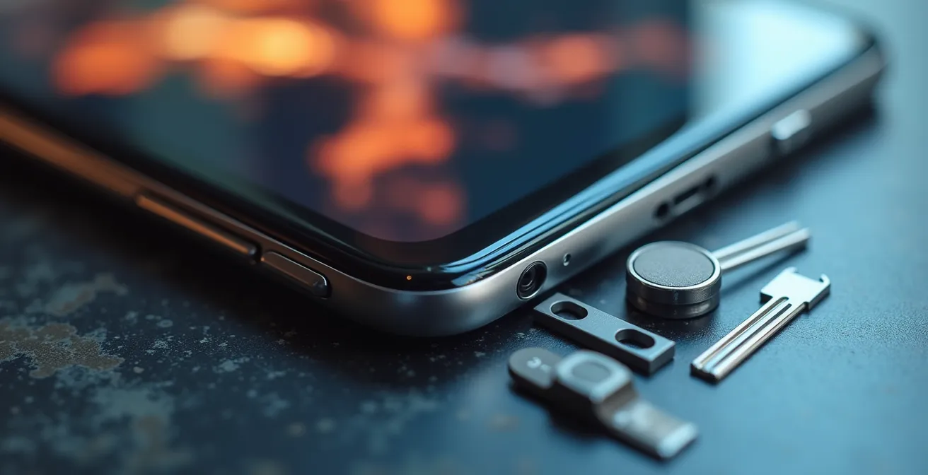 Vue macro d'un smartphone montrant une interface de gestion immobilière floue avec des clés intelligentes en arrière-plan