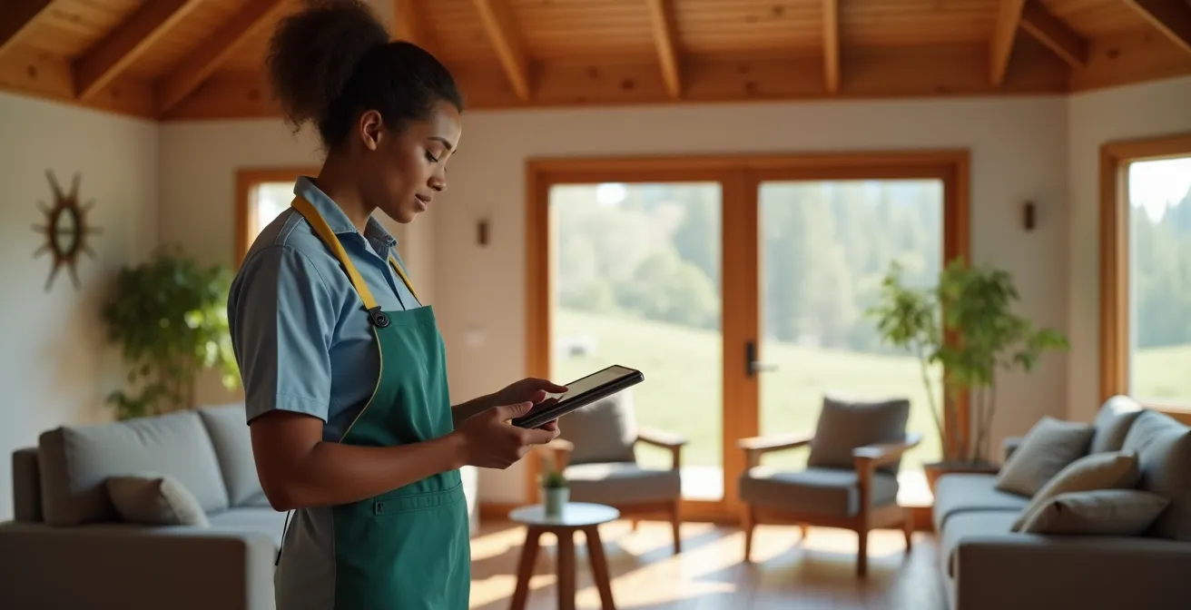 Personne consultant une tablette montrant une interface de gestion dans un chalet