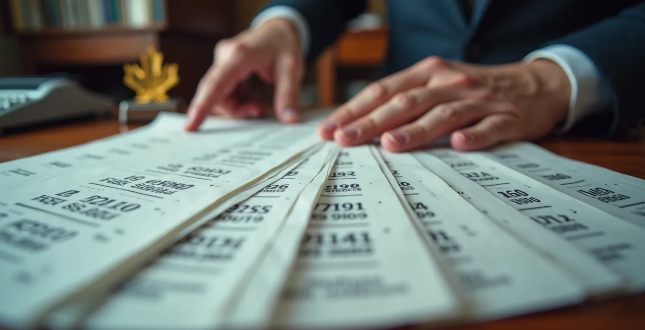 Mains organisant des documents financiers et relevés bancaires sur un bureau professionnel