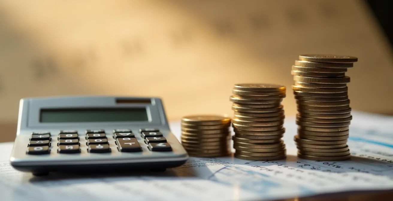 Graphique financier abstrait montrant une tendance à la hausse avec calculatrice et pièces de monnaie