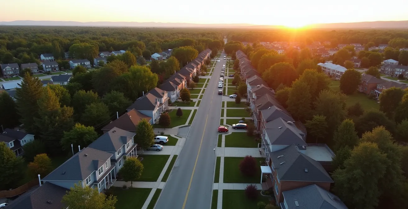 Vue aérienne d'un quartier résidentiel québécois avec différentes générations de maisons, symbolisant l'investissement à long terme.