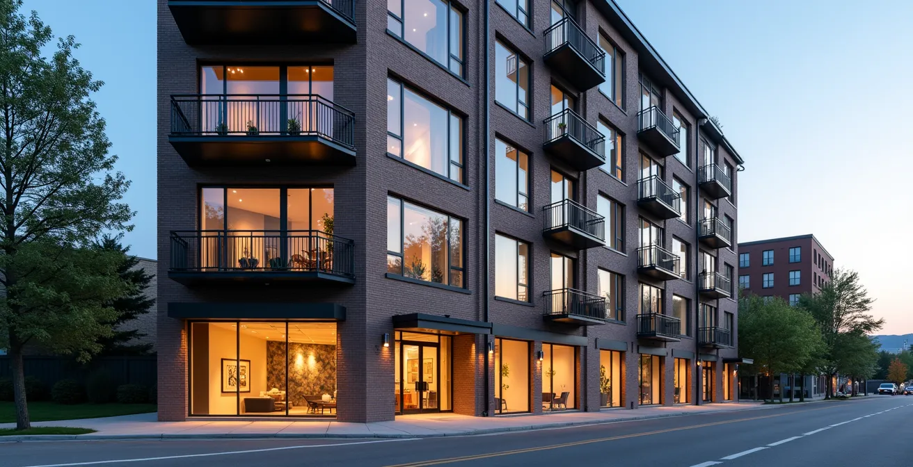 Façade d'immeuble mixte typique du Québec avec commerces au rez-de-chaussée et appartements aux étages