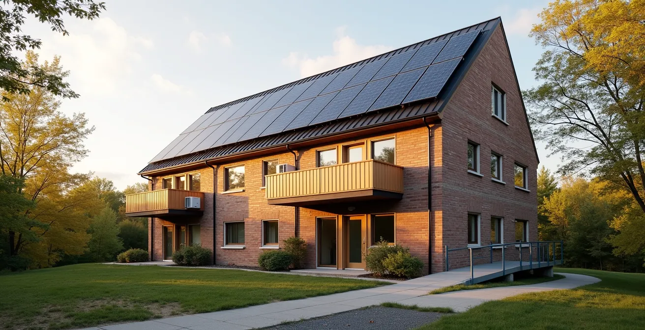 Triplex moderne équipé de panneaux solaires et thermopompes au Québec