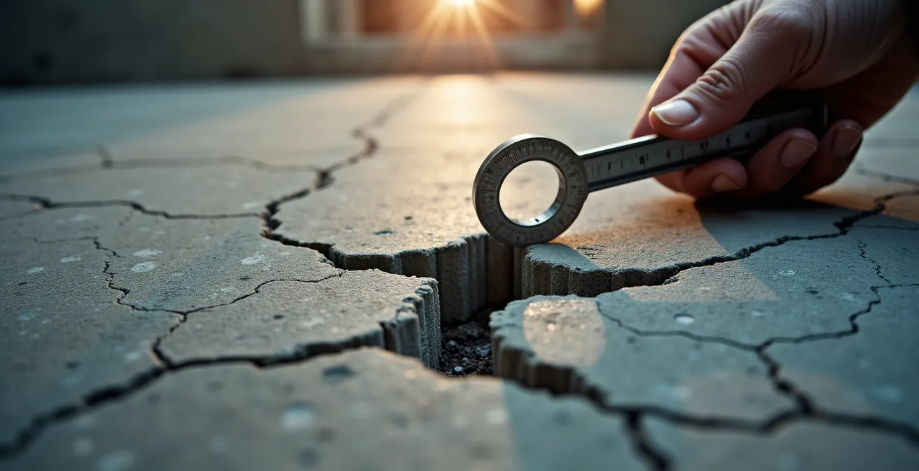 Inspecteur examinant des fissures en étoile sur une fondation de béton