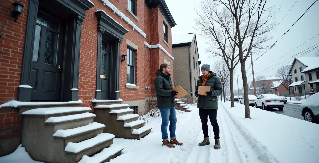 Couple inspectant minutieusement une maison québécoise en hiver avec checklist