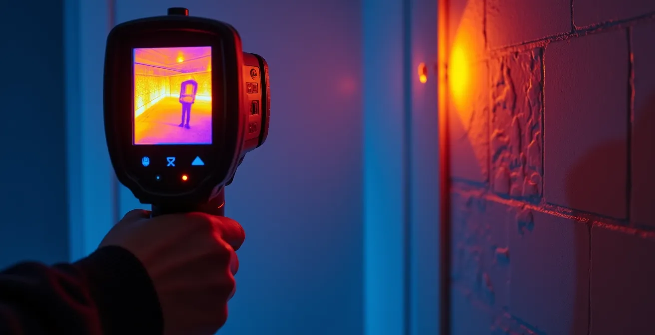 Inspecteur utilisant une caméra thermique pour détecter les infiltrations d'eau dans les murs d'une maison québécoise
