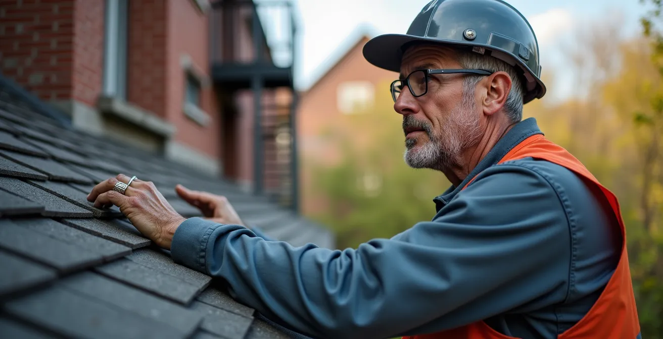 Inspection de la toiture d'un triplex traditionnel québécois lors de l'entretien préventif printanier