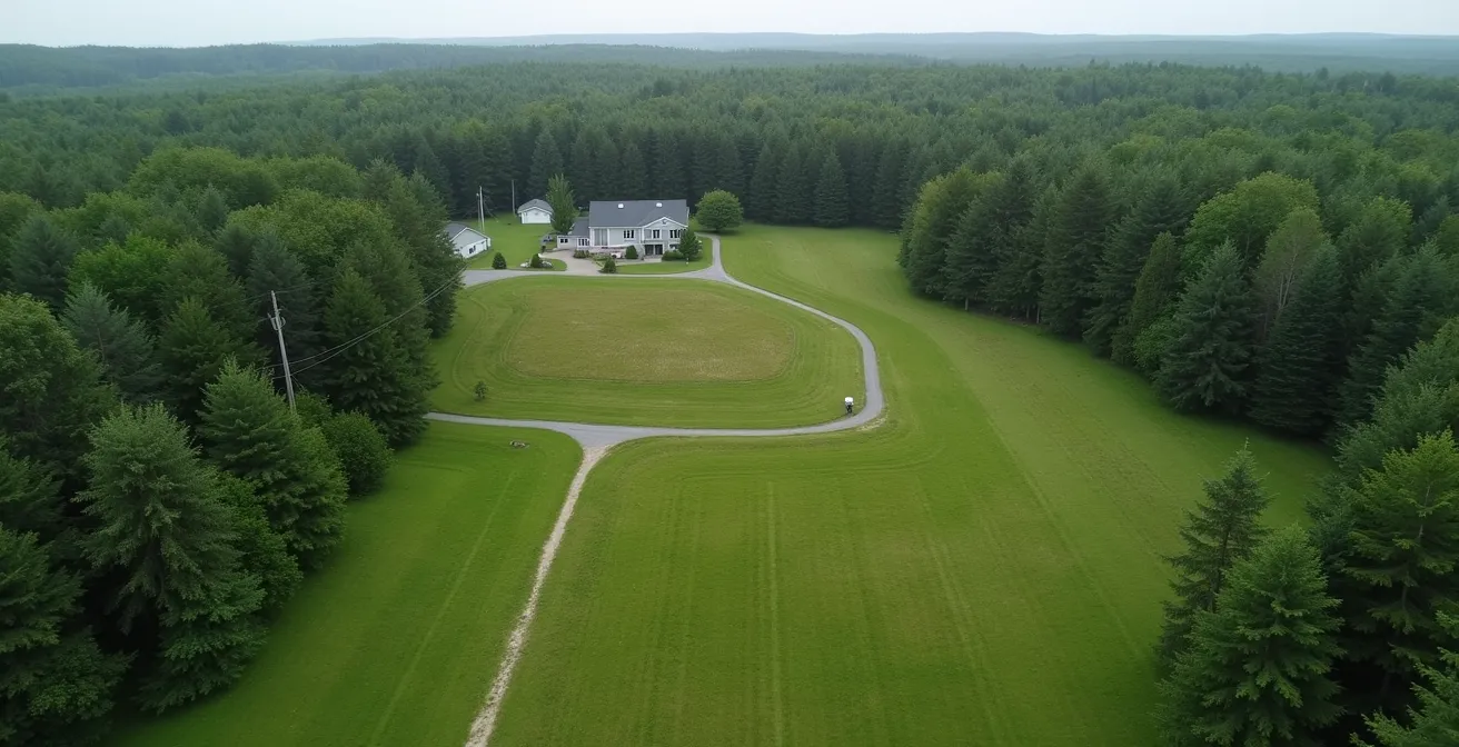 Vue aérienne d'un système septique avec champ d'épuration en milieu rural québécois