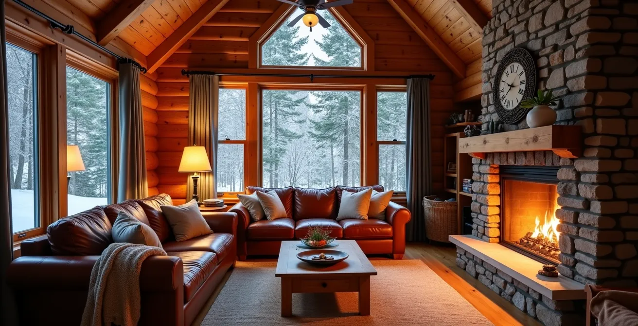 Intérieur chaleureux d'un chalet québécois avec foyer de pierre et vue sur la forêt enneigée