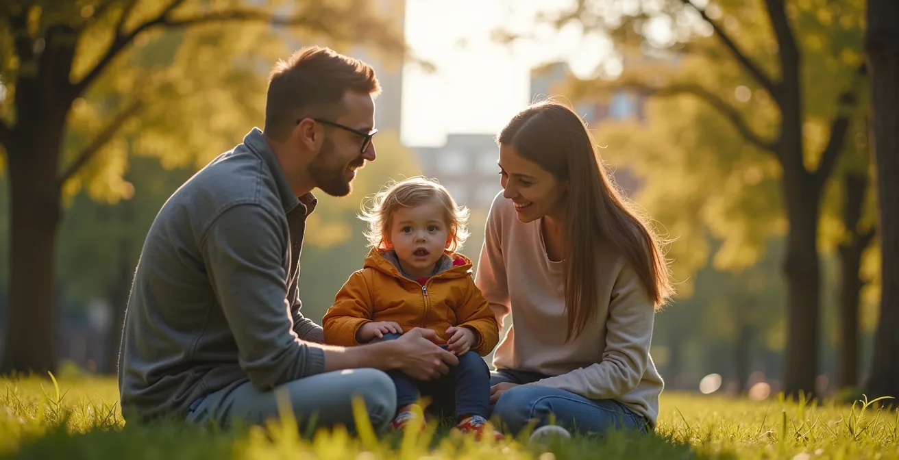 Jeunes parents avec enfants dans un parc urbain rénové de Montréal