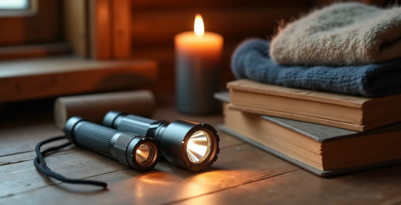 Kit d'urgence hivernal disposé sur une table de chalet avec lampes de poche et jeux de société