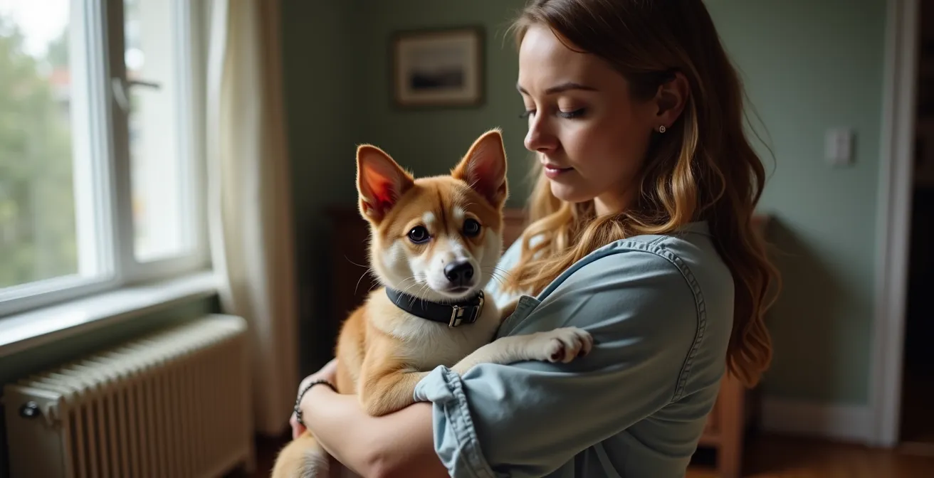 Portrait émotionnel d'une personne tenant un animal de compagnie dans un contexte résidentiel québécois