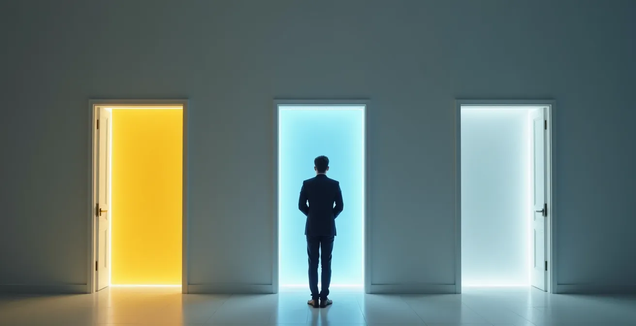 Scène de médiation entre voisins avec un administrateur de copropriété comme médiateur neutre