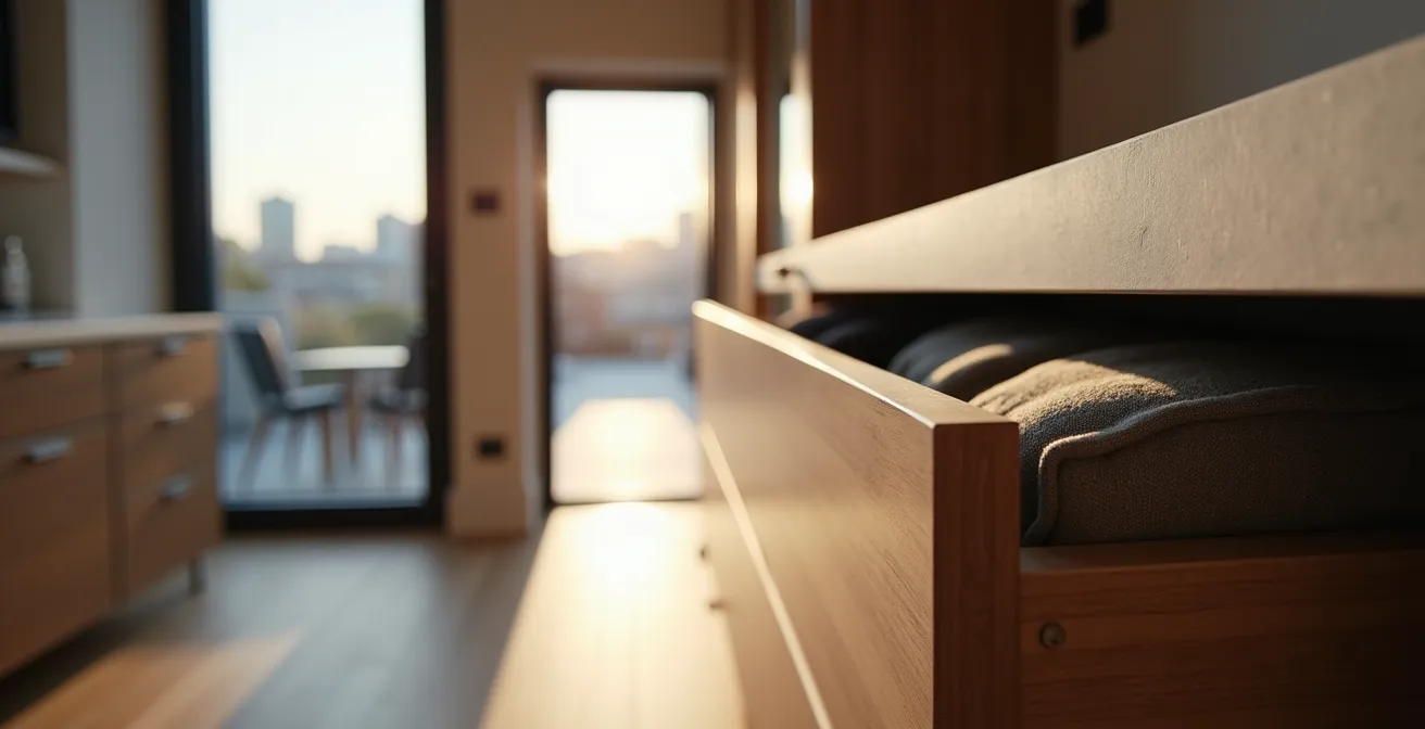 Vue intérieure d'un micro-condo moderne avec espace optimisé et aire commune visible au loin