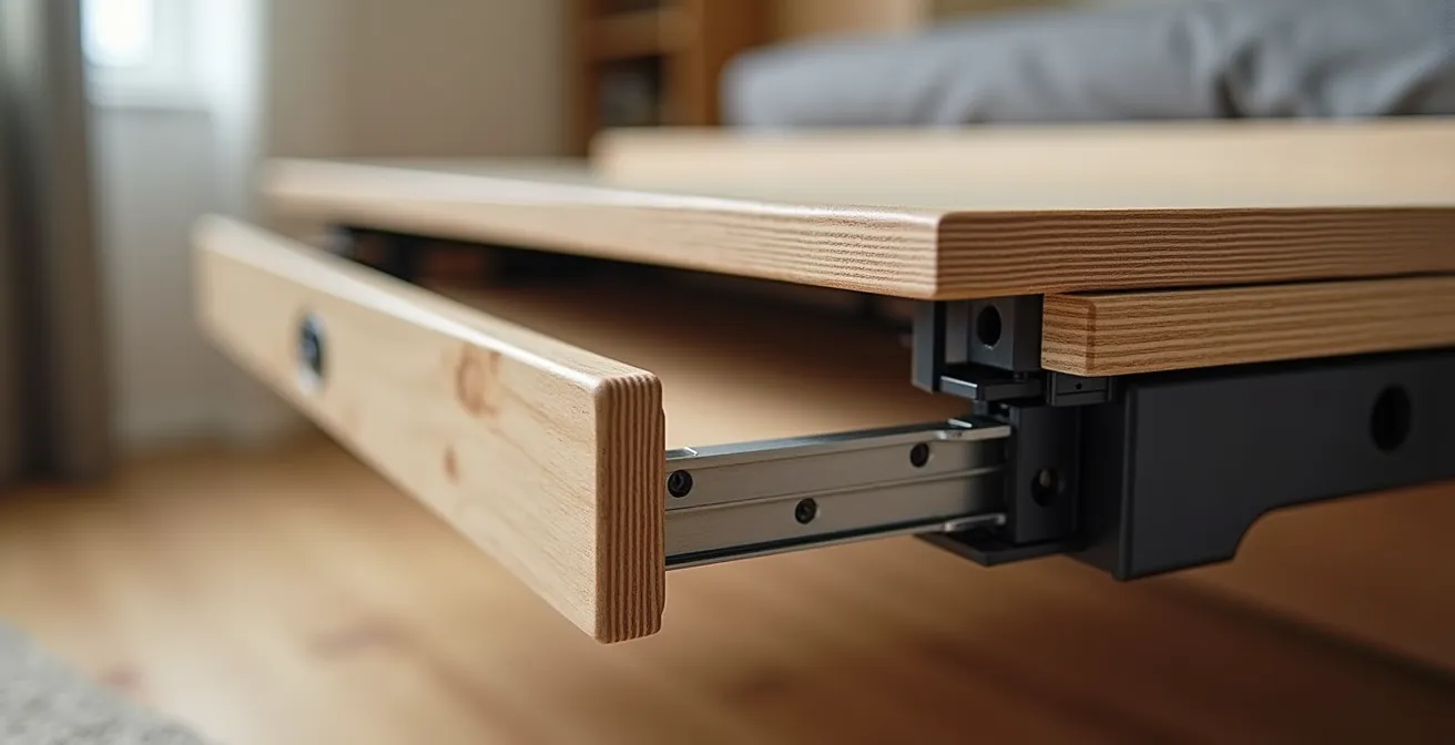 Vue macro détaillée d'un studio étudiant multifonctionnel avec mobilier transformable