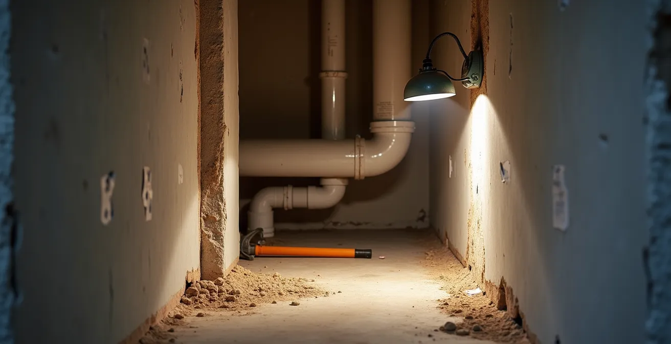 Coupe transversale d'un mur de copropriété révélant les éléments communs cachés