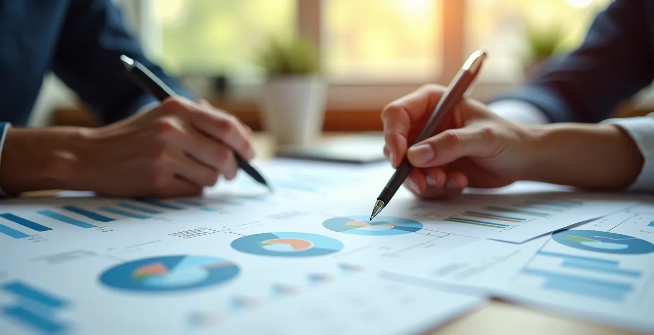 Table de négociation avec documents d'analyse immobilière et calculatrice