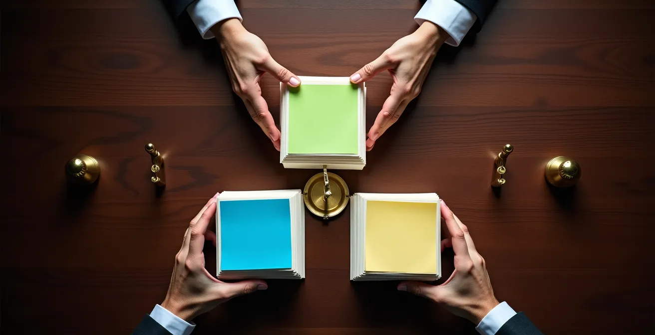 Vue aérienne d'un bureau avec trois documents formant un triangle représentant prix, dates et conditions