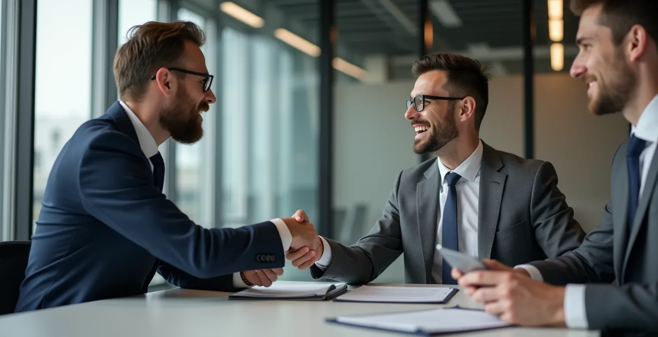 Poignée de main professionnelle entre propriétaire et locataire avec documents de renouvellement de bail en arrière-plan