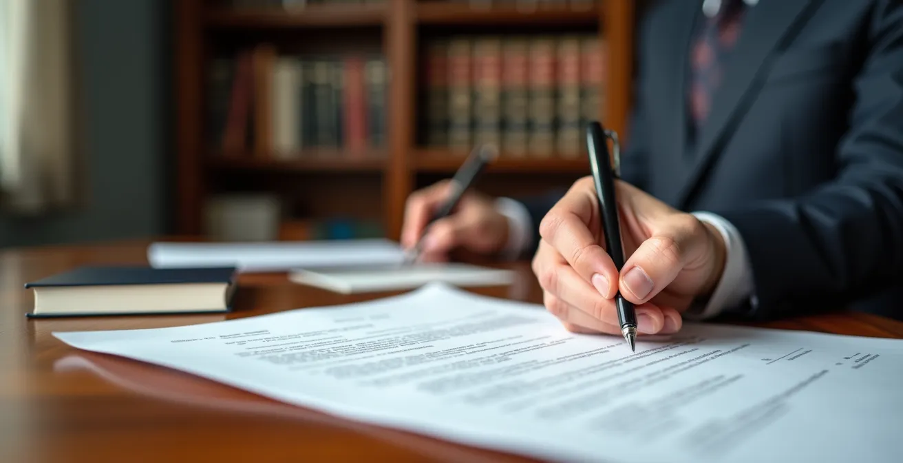 Mains signant une offre d'achat avec notaire québécois en arrière-plan
