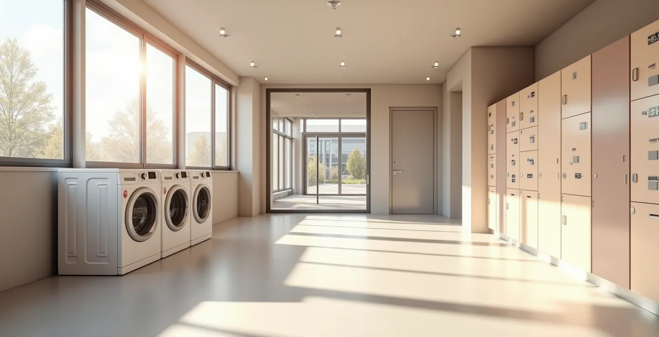 Espaces communs optimisés dans un immeuble à revenus avec rangements et buanderie