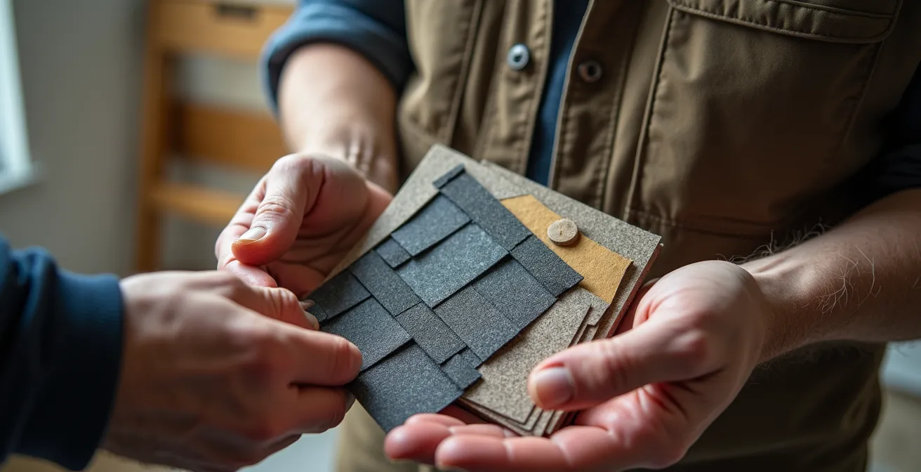 Mains tenant des échantillons de matériaux de construction avec arrière-plan flou d'un plex québécois