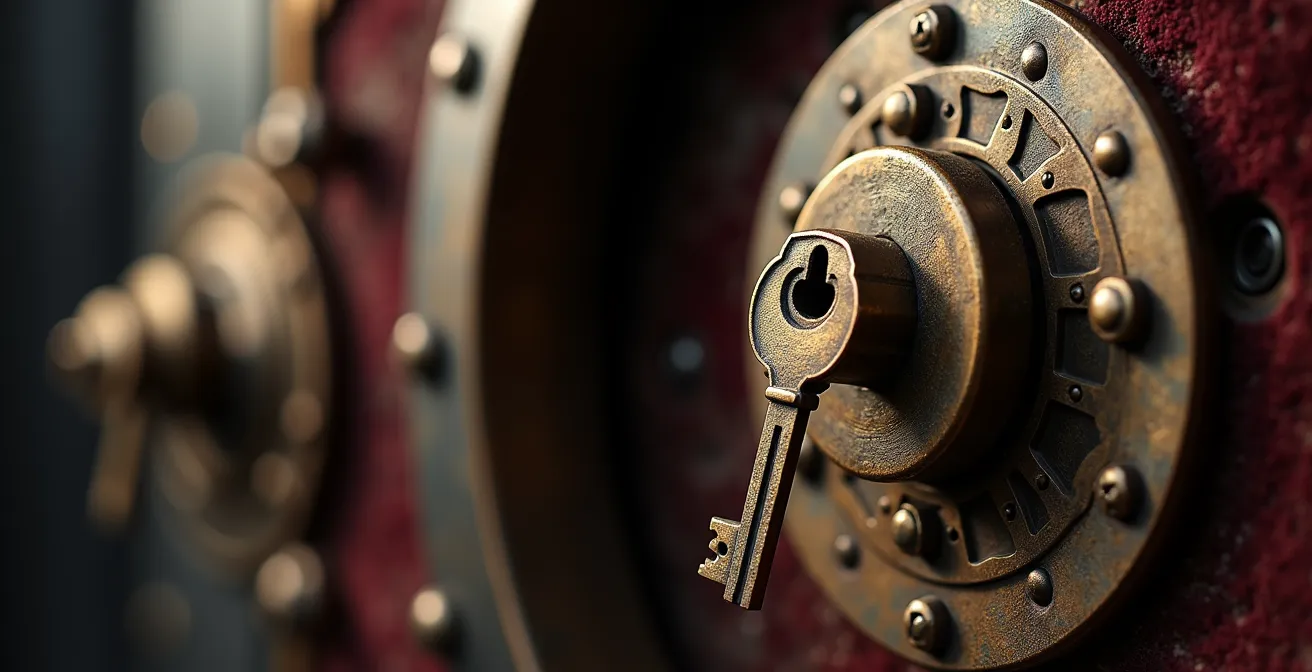Coffre-fort ancien ouvert révélant des clés de maisons, symbolisant la préparation de liquidités pour les opportunités immobilières.