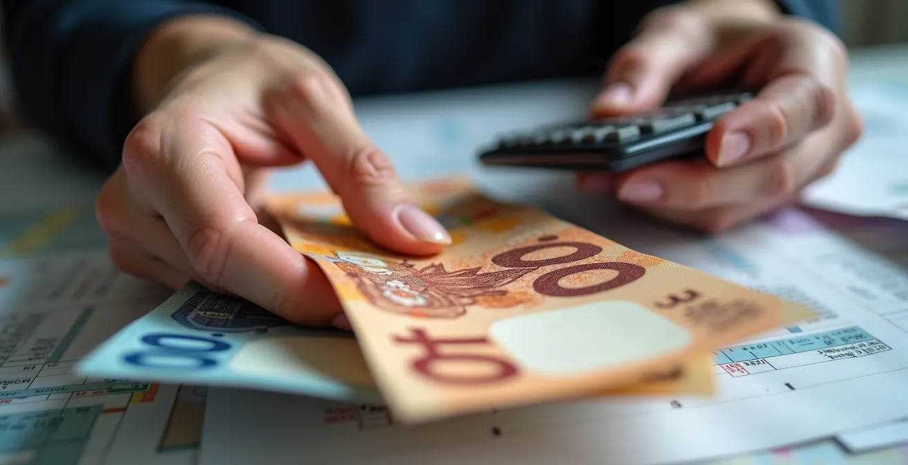 Gros plan sur des mains manipulant des billets canadiens et une calculatrice avec papiers financiers flous
