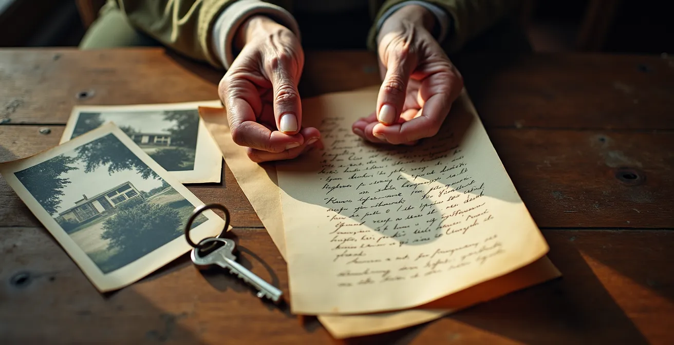 Propriétaire âgé consultant des documents immobiliers dans son triplex montréalais