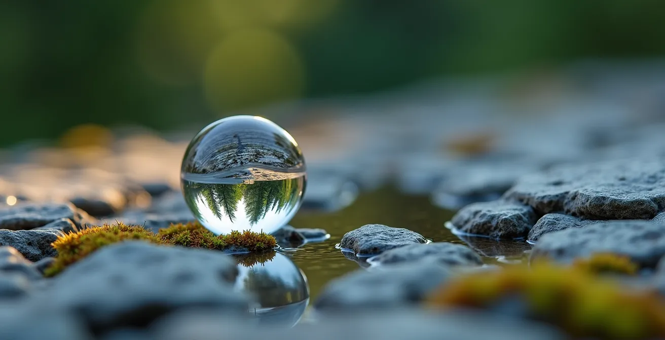 Vue macro d'une goutte d'eau cristalline sur roche granitique représentant la pureté de l'eau de source