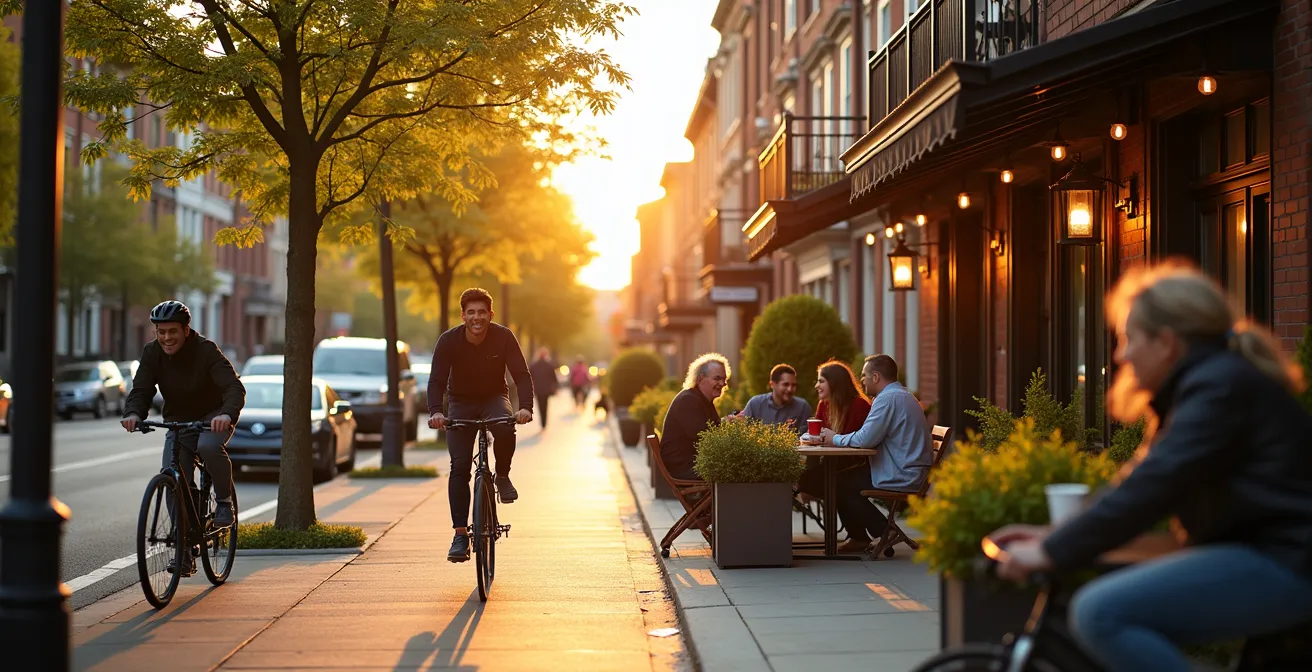 Scène de rue animée dans un quartier en transformation avec terrasse de café moderne et piste cyclable protégée