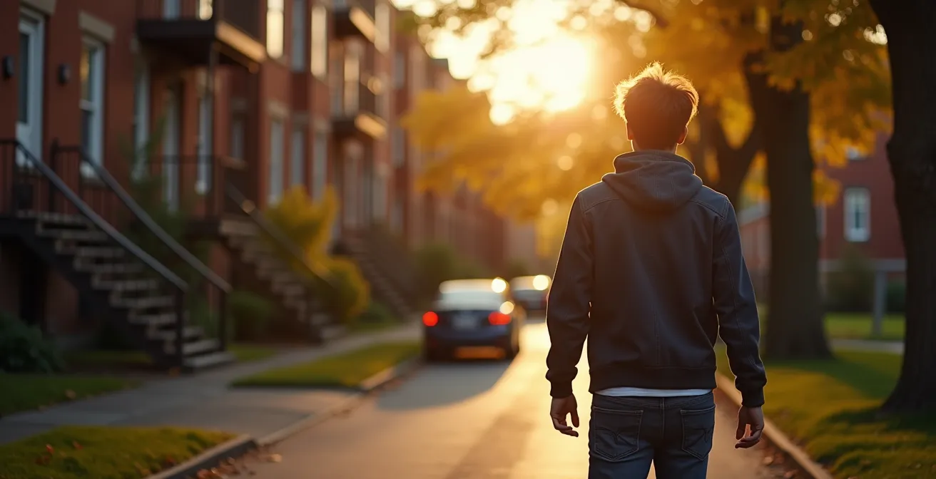 Vue d'une rue résidentielle typique de Montréal avec des plex et arbres matures